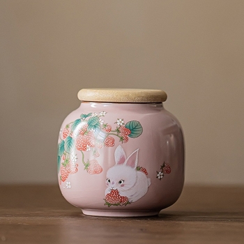 Keramički zatvoreni spremnik za čaj Strawberry Rabbit, Ru Kiln, mali spremnik za skladištenje