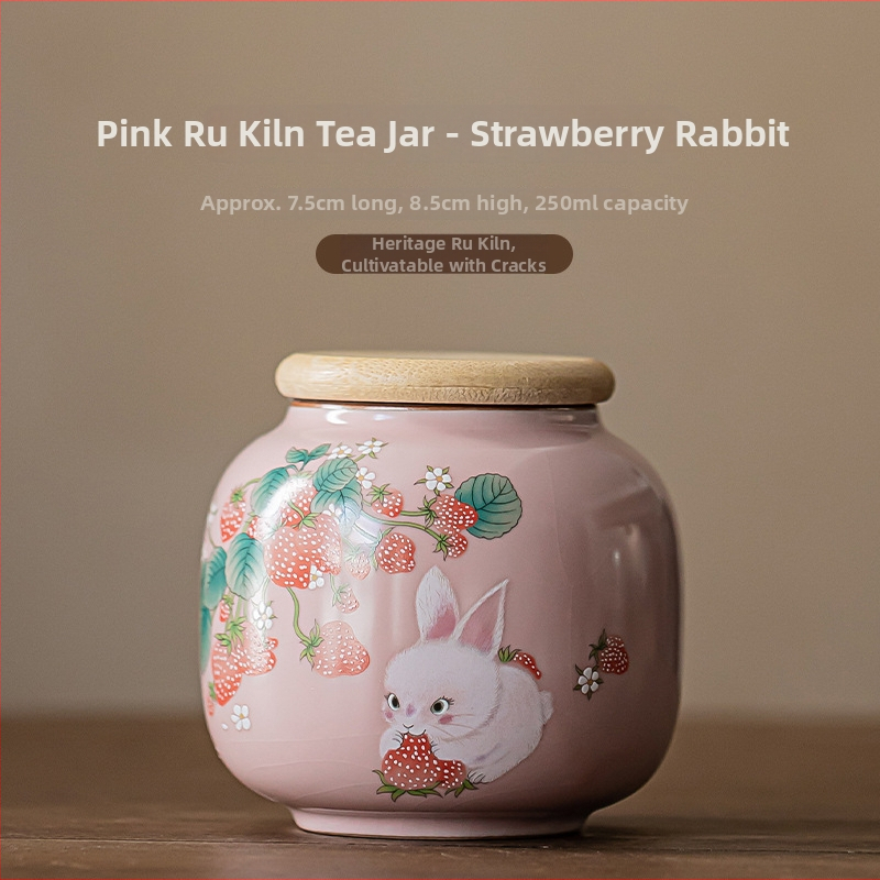 Keramički zatvoreni spremnik za čaj Strawberry Rabbit, Ru Kiln, mali spremnik za skladištenje