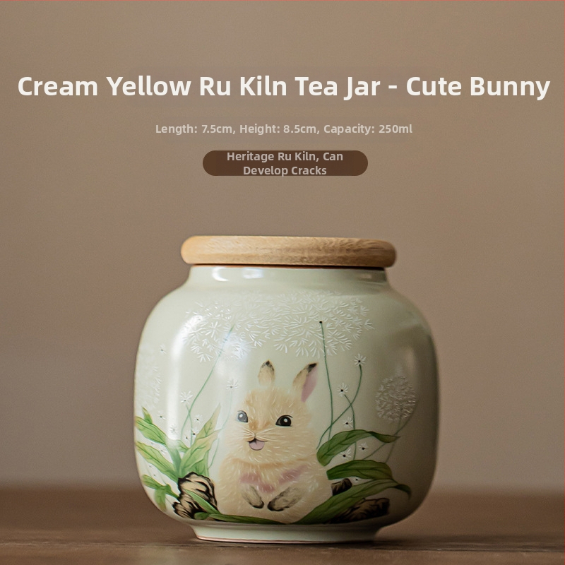 Keramički zatvoreni spremnik za čaj Strawberry Rabbit, Ru Kiln, mali spremnik za skladištenje