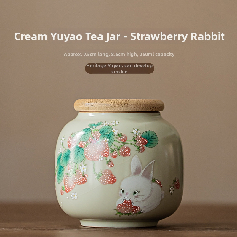 Keramički zatvoreni spremnik za čaj Strawberry Rabbit, Ru Kiln, mali spremnik za skladištenje