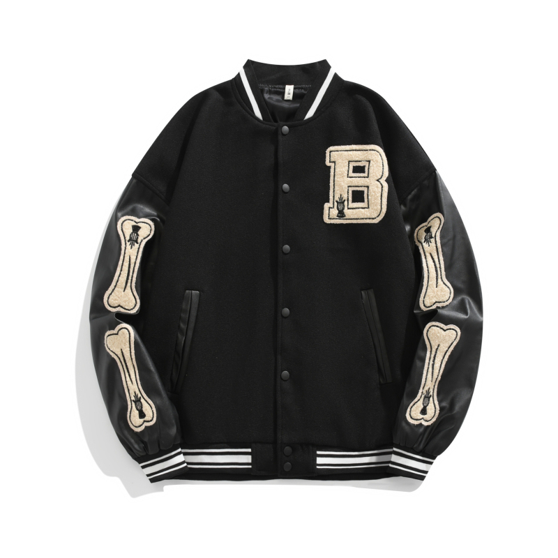 Harajuku stil opuštena ženska baseball jakna crna, retro američki streetwear s izvezenim detaljima