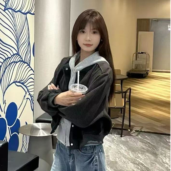 Ženska kratka jakna s kapuljom u američkom retro stilu, korejskog stila, casual elegantan izgled (jesen 2025)