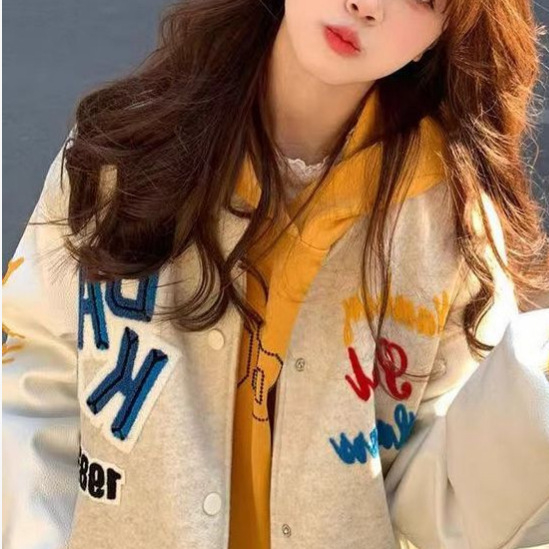 Ženska jakna s izvezenim natpisima u korejskom stilu, retro, labav kroj, bejzbol stil