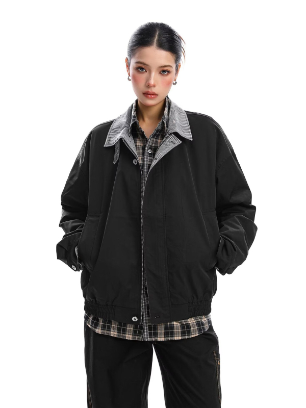 Ženska jakna s patchworkom u kariranom uzorku, jesen-zima, rever ovratnik, retro europsko-američki casual stil, visoka kvaliteta, svestrana baseball jakna