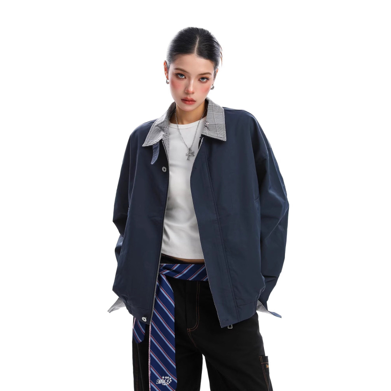 Ženska jakna s patchworkom u kariranom uzorku, jesen-zima, rever ovratnik, retro europsko-američki casual stil, visoka kvaliteta, svestrana baseball jakna
