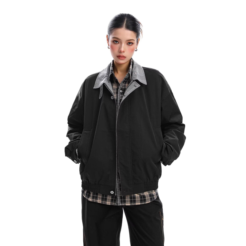Ženska jakna s patchworkom u kariranom uzorku, jesen-zima, rever ovratnik, retro europsko-američki casual stil, visoka kvaliteta, svestrana baseball jakna