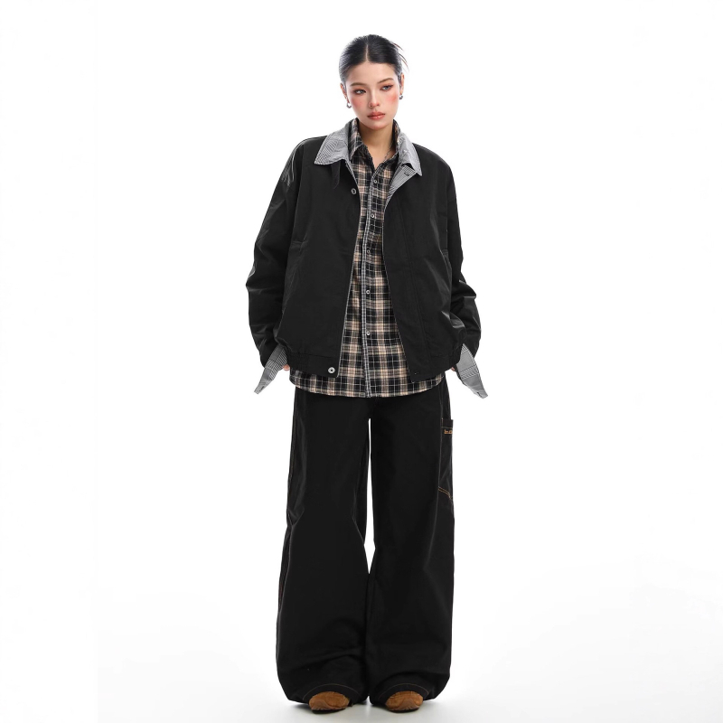 Ženska jakna s patchworkom u kariranom uzorku, jesen-zima, rever ovratnik, retro europsko-američki casual stil, visoka kvaliteta, svestrana baseball jakna