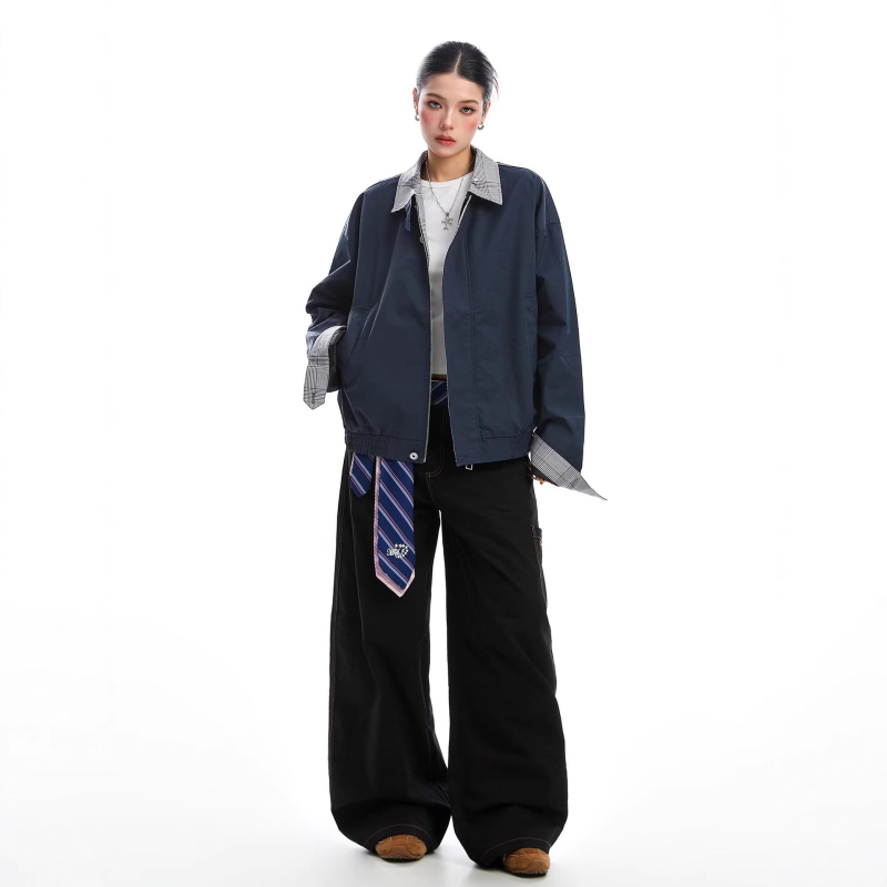 Ženska jakna s patchworkom u kariranom uzorku, jesen-zima, rever ovratnik, retro europsko-američki casual stil, visoka kvaliteta, svestrana baseball jakna