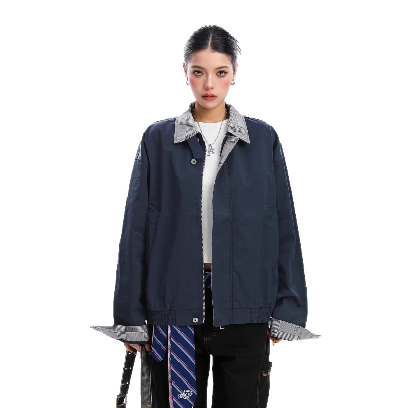 Ženska jakna s patchworkom u kariranom uzorku, jesen-zima, rever ovratnik, retro europsko-američki casual stil, visoka kvaliteta, svestrana baseball jakna