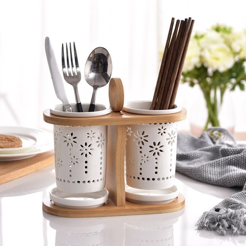 Raft ceramic pentru bucătărie cu drenaj, cutie de depozitare pentru tacâmuri
