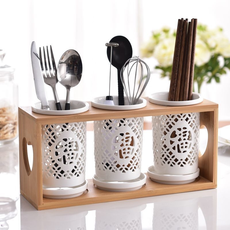 Raft ceramic pentru bucătărie cu drenaj, cutie de depozitare pentru tacâmuri