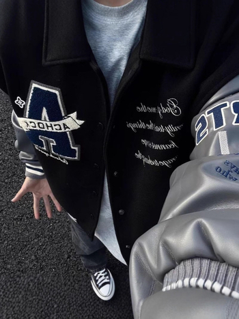 Unisex jakna za proljeće i jesen s patchworkom i izvezena slova, letećeg stila, oversize baseball jakna u kineskom stilu