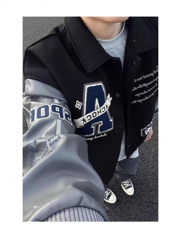 Unisex jakna za proljeće i jesen s patchworkom i izvezena slova, letećeg stila, oversize baseball jakna u kineskom stilu
