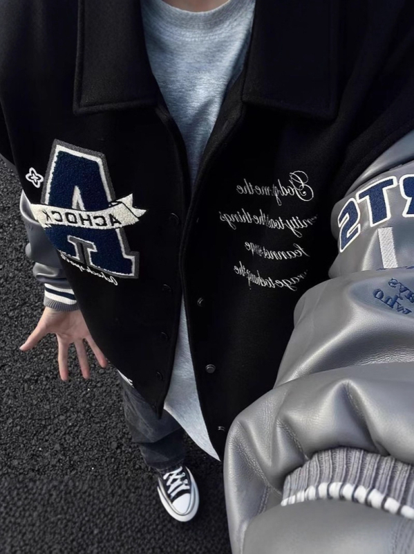 Unisex jakna za proljeće i jesen s patchworkom i izvezena slova, letećeg stila, oversize baseball jakna u kineskom stilu