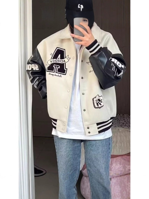 Unisex jakna za proljeće i jesen s patchworkom i izvezena slova, letećeg stila, oversize baseball jakna u kineskom stilu