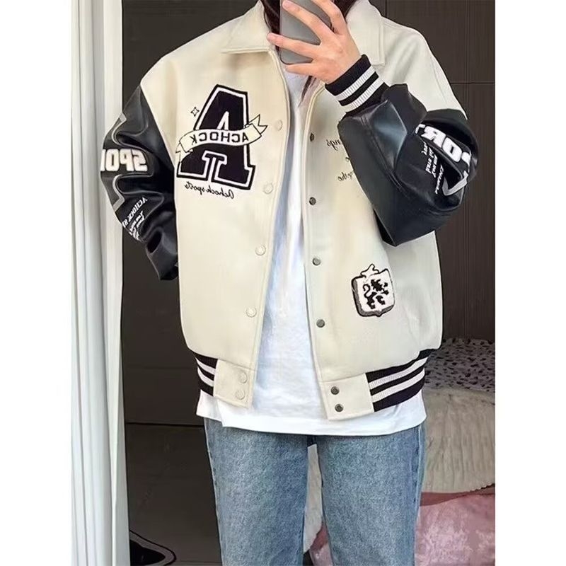 Unisex jakna za proljeće i jesen s patchworkom i izvezena slova, letećeg stila, oversize baseball jakna u kineskom stilu