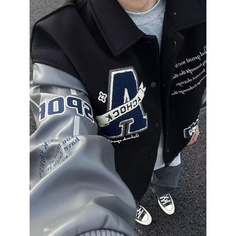 Unisex jakna za proljeće i jesen s patchworkom i izvezena slova, letećeg stila, oversize baseball jakna u kineskom stilu