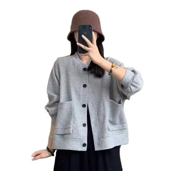 Ženska kratka jakna-kardigan, sweatshirt, casual baseball stil, labavi kroj, okrugli izrez, poliester
