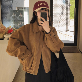 Ženska jakna od imitacijskog velura od jelove kože, ležernog kroja, rever, jesenji retro korejski chic stil