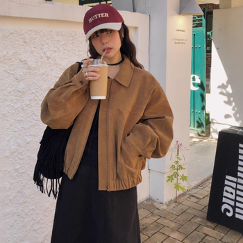 Ženska jakna od imitacijskog velura od jelove kože, ležernog kroja, rever, jesenji retro korejski chic stil