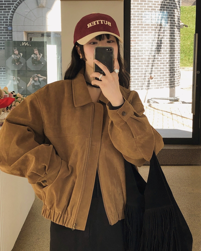 Ženska jakna od imitacijskog velura od jelove kože, ležernog kroja, rever, jesenji retro korejski chic stil