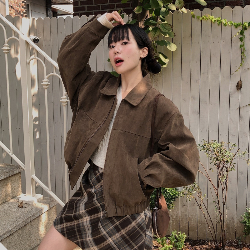 Ženska jakna od imitacijskog velura od jelove kože, ležernog kroja, rever, jesenji retro korejski chic stil