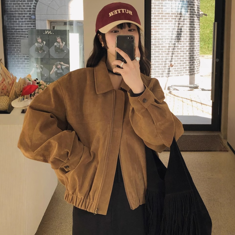 Ženska jakna od imitacijskog velura od jelove kože, ležernog kroja, rever, jesenji retro korejski chic stil