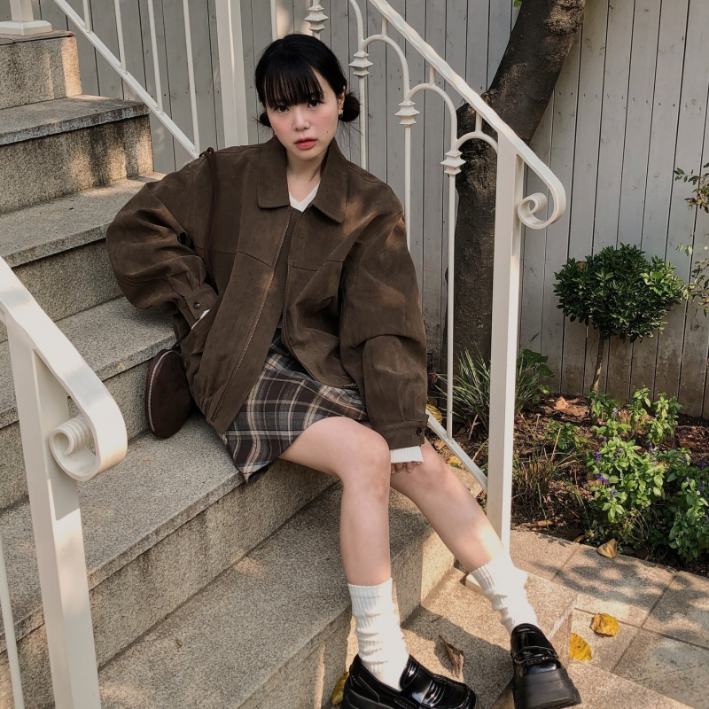 Ženska jakna od imitacijskog velura od jelove kože, ležernog kroja, rever, jesenji retro korejski chic stil