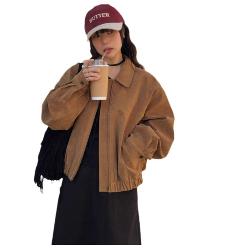Ženska jakna od imitacijskog velura od jelove kože, ležernog kroja, rever, jesenji retro korejski chic stil