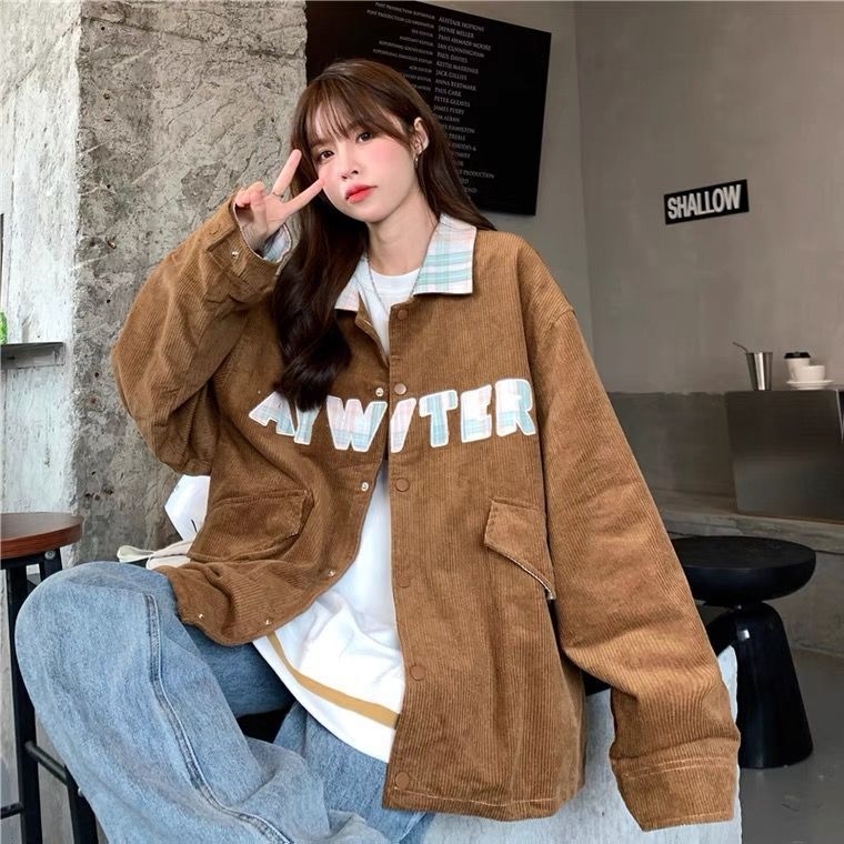 Corduroy jesenka ženska jakna, korejski stil, širok kroj, Harajuku studentski stil, plus size, stojeći ovratnik, baseball jakna