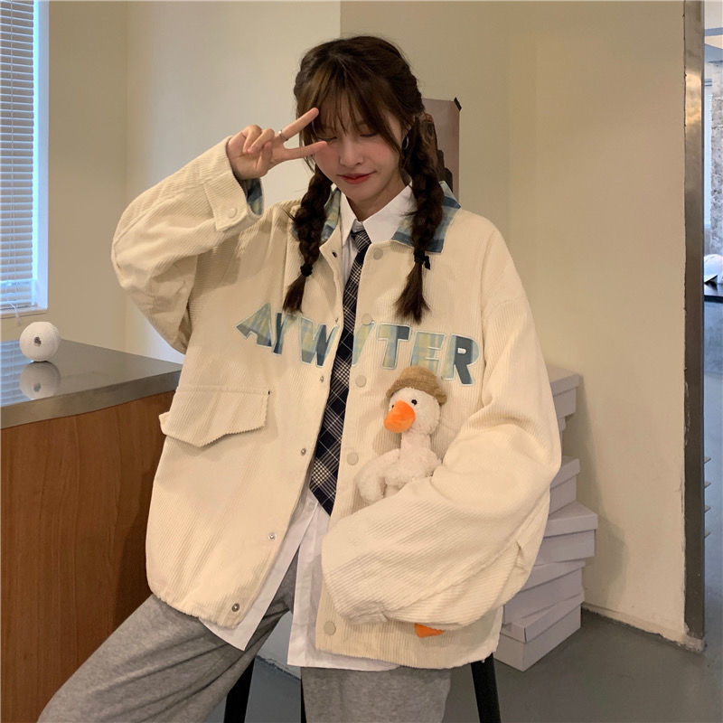 Corduroy jesenka ženska jakna, korejski stil, širok kroj, Harajuku studentski stil, plus size, stojeći ovratnik, baseball jakna