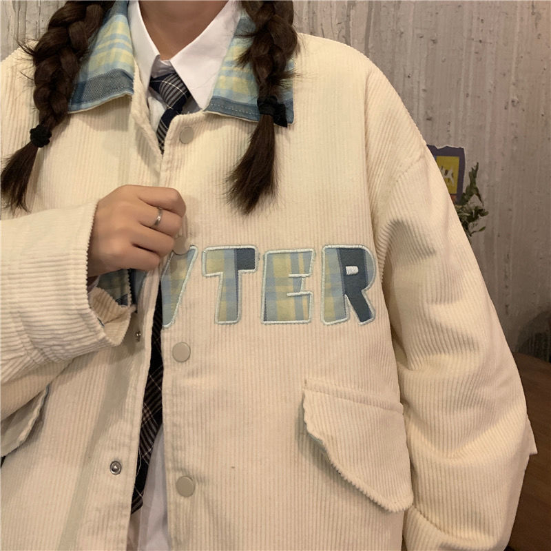 Corduroy jesenka ženska jakna, korejski stil, širok kroj, Harajuku studentski stil, plus size, stojeći ovratnik, baseball jakna