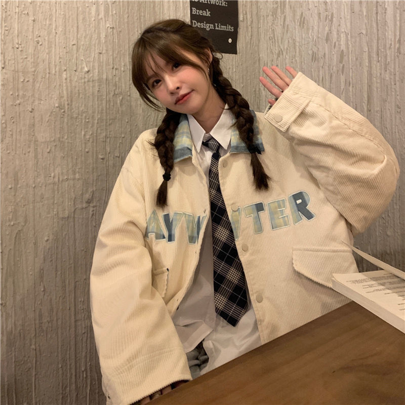Corduroy jesenka ženska jakna, korejski stil, širok kroj, Harajuku studentski stil, plus size, stojeći ovratnik, baseball jakna