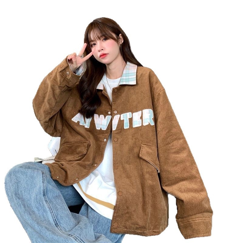 Corduroy jesenka ženska jakna, korejski stil, širok kroj, Harajuku studentski stil, plus size, stojeći ovratnik, baseball jakna