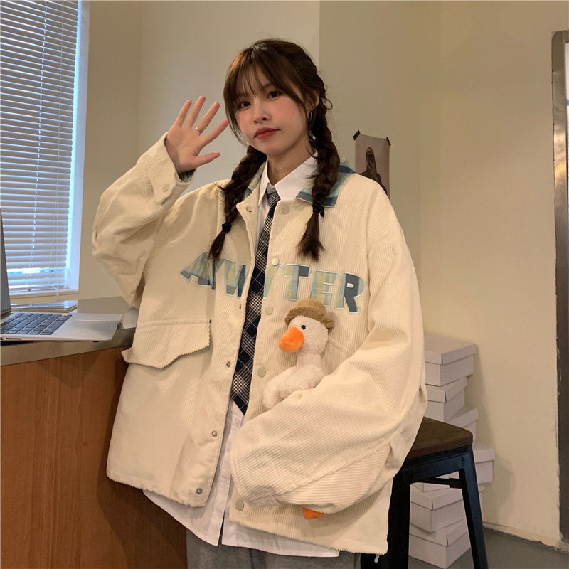 Corduroy jesenka ženska jakna, korejski stil, širok kroj, Harajuku studentski stil, plus size, stojeći ovratnik, baseball jakna