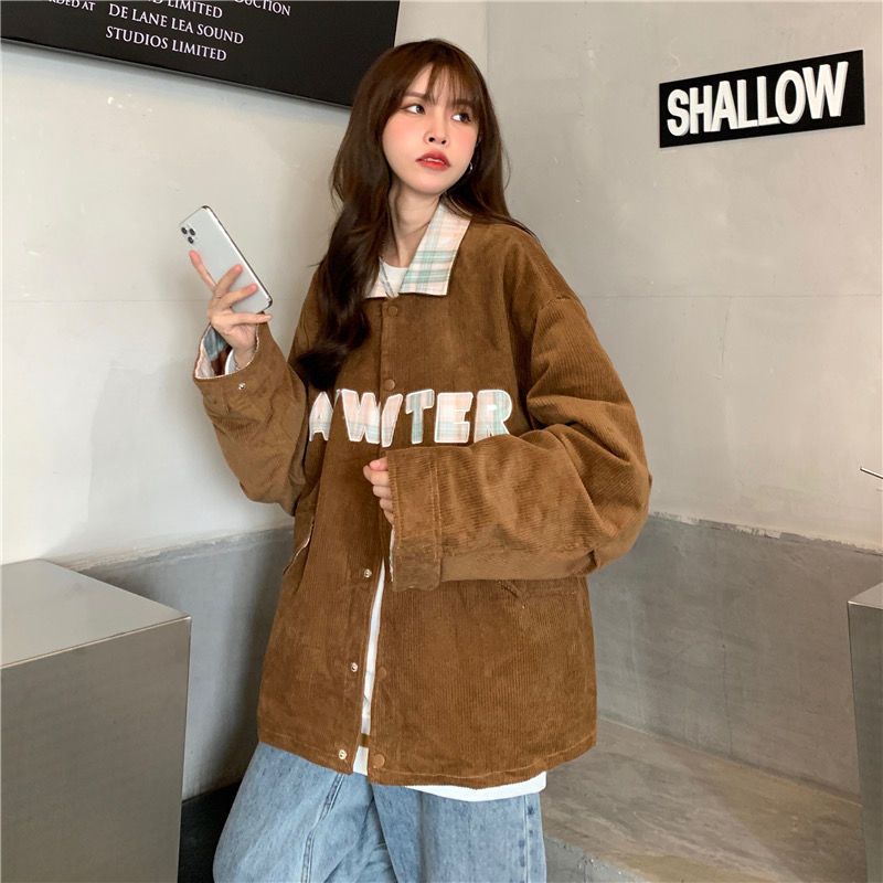 Corduroy jesenka ženska jakna, korejski stil, širok kroj, Harajuku studentski stil, plus size, stojeći ovratnik, baseball jakna