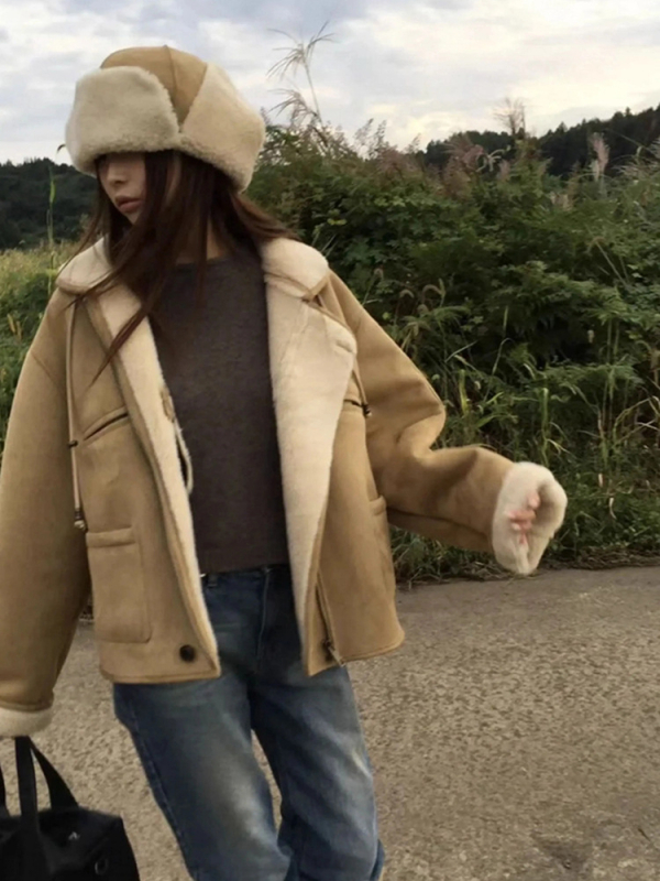 NowH retro semiš ovčja vuna s umjetnom krznom, ženski jednodjelni jakna, 2025 jesen-zima, casual toplo, opušteni kratki kaput