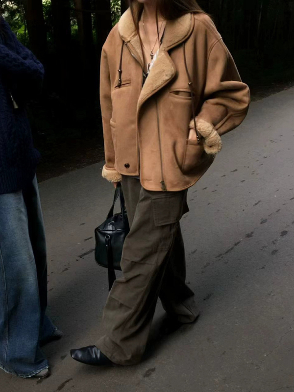 NowH retro semiš ovčja vuna s umjetnom krznom, ženski jednodjelni jakna, 2025 jesen-zima, casual toplo, opušteni kratki kaput
