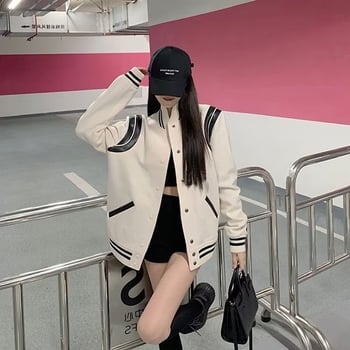 Ženska baseball jakna s blokom boja, krznenim ovratnikom, udoban široki kroj, dugi rukavi, svakodnevni streetwear