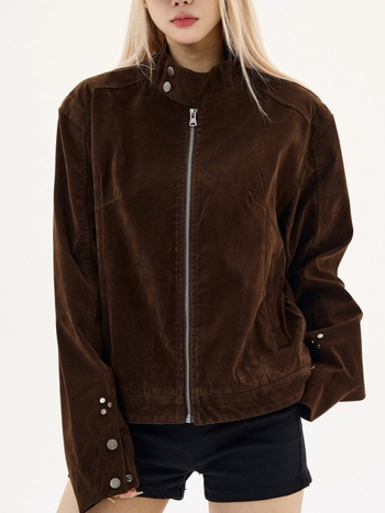Američko retro smeđo velur Harrington jakna sa stojećim ovratnikom, unisex, jesen 2025