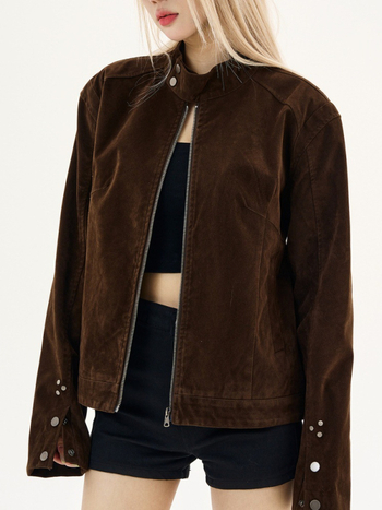 Američko retro smeđo velur Harrington jakna sa stojećim ovratnikom, unisex, jesen 2025