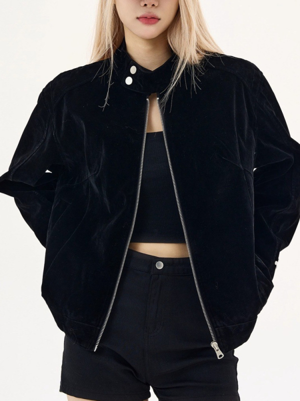 Američko retro smeđo velur Harrington jakna sa stojećim ovratnikom, unisex, jesen 2025