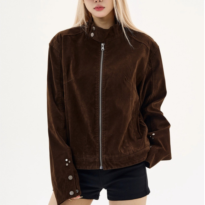 Američko retro smeđo velur Harrington jakna sa stojećim ovratnikom, unisex, jesen 2025