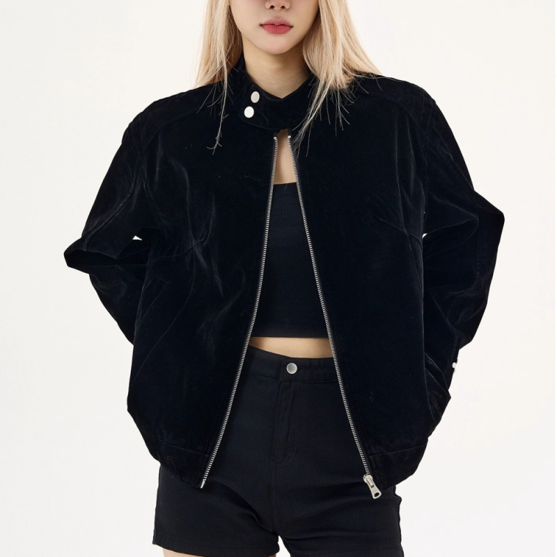 Američko retro smeđo velur Harrington jakna sa stojećim ovratnikom, unisex, jesen 2025