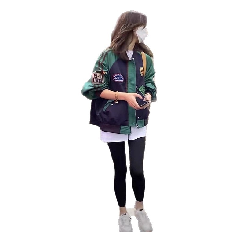 Ženska retro baseball jakna s kontrastnim blokovima boja i šavova, kratka kardigan-stil jakna, proljeće–jesen 2025