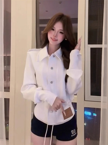 Korejski stil elegantni uredski kardigan s ovratnikom, uspravnim ramenima, dugim rukavima, rebrastim strukom za vitku siluetu, jesenski komad