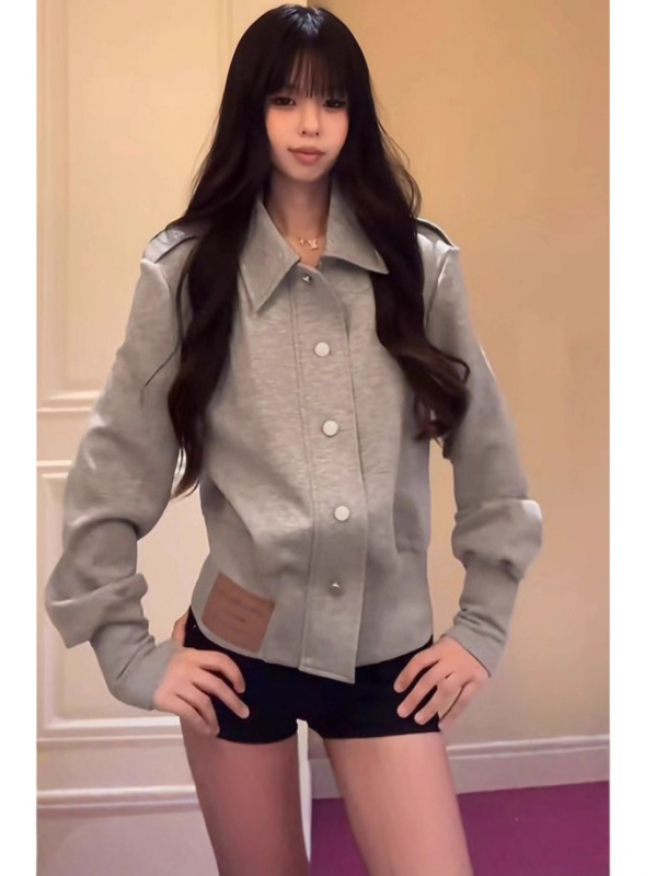 Korejski stil elegantni uredski kardigan s ovratnikom, uspravnim ramenima, dugim rukavima, rebrastim strukom za vitku siluetu, jesenski komad