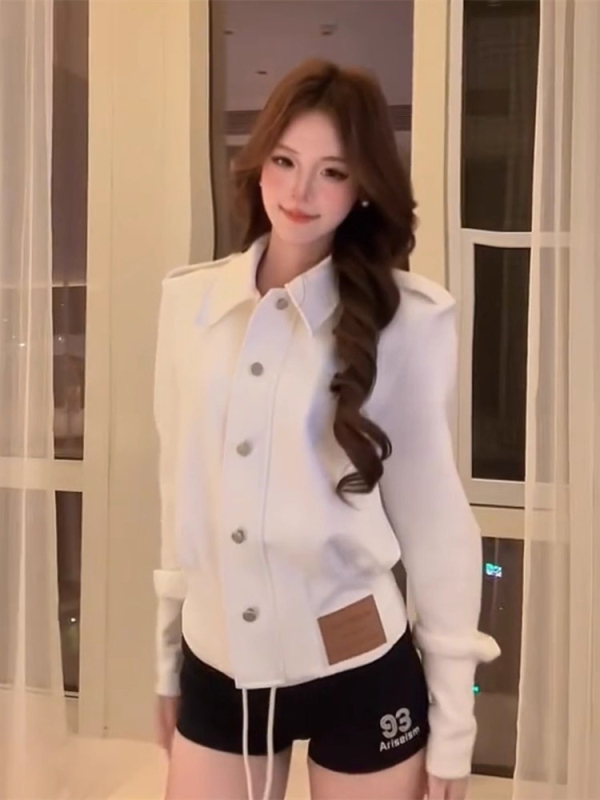 Korejski stil elegantni uredski kardigan s ovratnikom, uspravnim ramenima, dugim rukavima, rebrastim strukom za vitku siluetu, jesenski komad