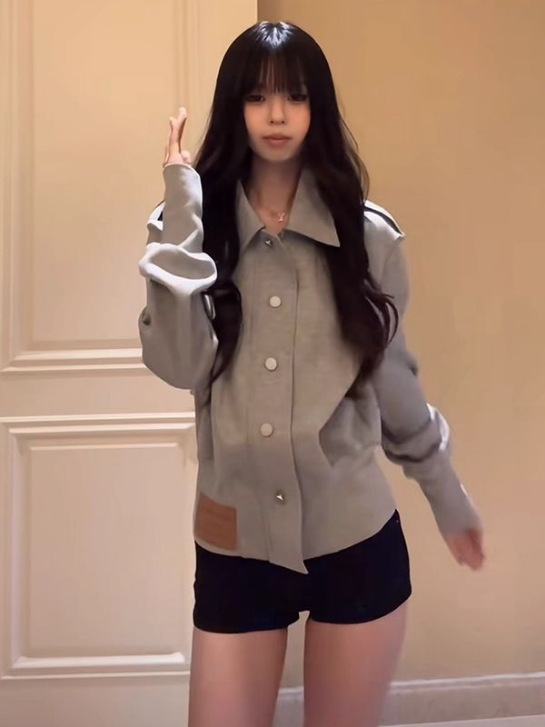 Korejski stil elegantni uredski kardigan s ovratnikom, uspravnim ramenima, dugim rukavima, rebrastim strukom za vitku siluetu, jesenski komad