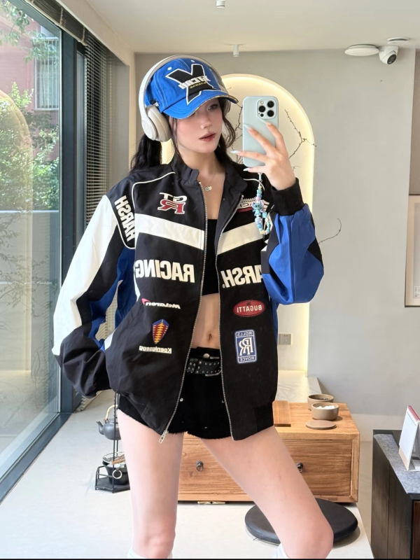 Unisex jakna za motocikl s američkim dizajnom, proljeće-jesen, trkački stil, dvostruki sloj baseball jakne sa stojećim ovratnikom, poliester